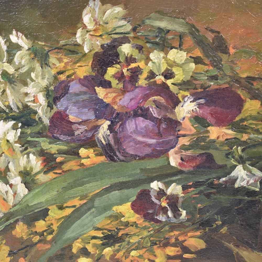 Quadri Antichi, Con Mazzo di Iris e Margherite, Firmato Adrienne Warzée  (1888-1965), Pittura A Olio Su Tela Epoca Primi Novecento.