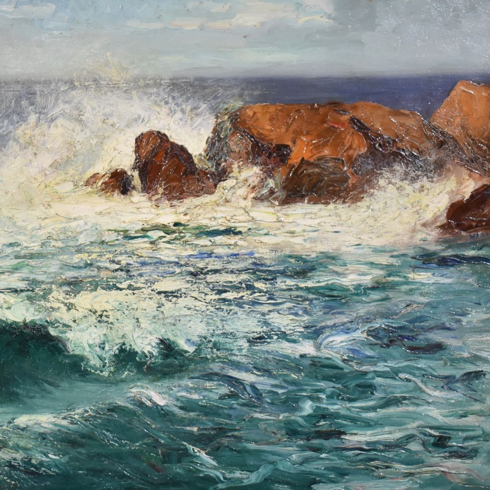 Quadri Mare propone una Marina con Onde e Scogliera, Pittura Ad Olio Su  Tela Dei Primi Del 900. Art Déco