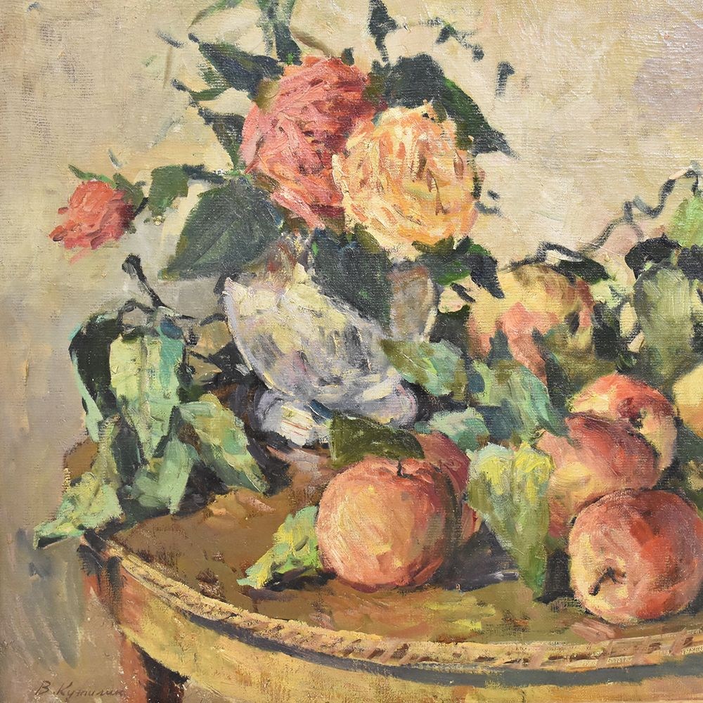 Dipinti Natura Morta XX Secolo, Art Déco, Pittura Ad Olio Su Tela, Vaso Di  Rose E Mele, Primi Novecento.